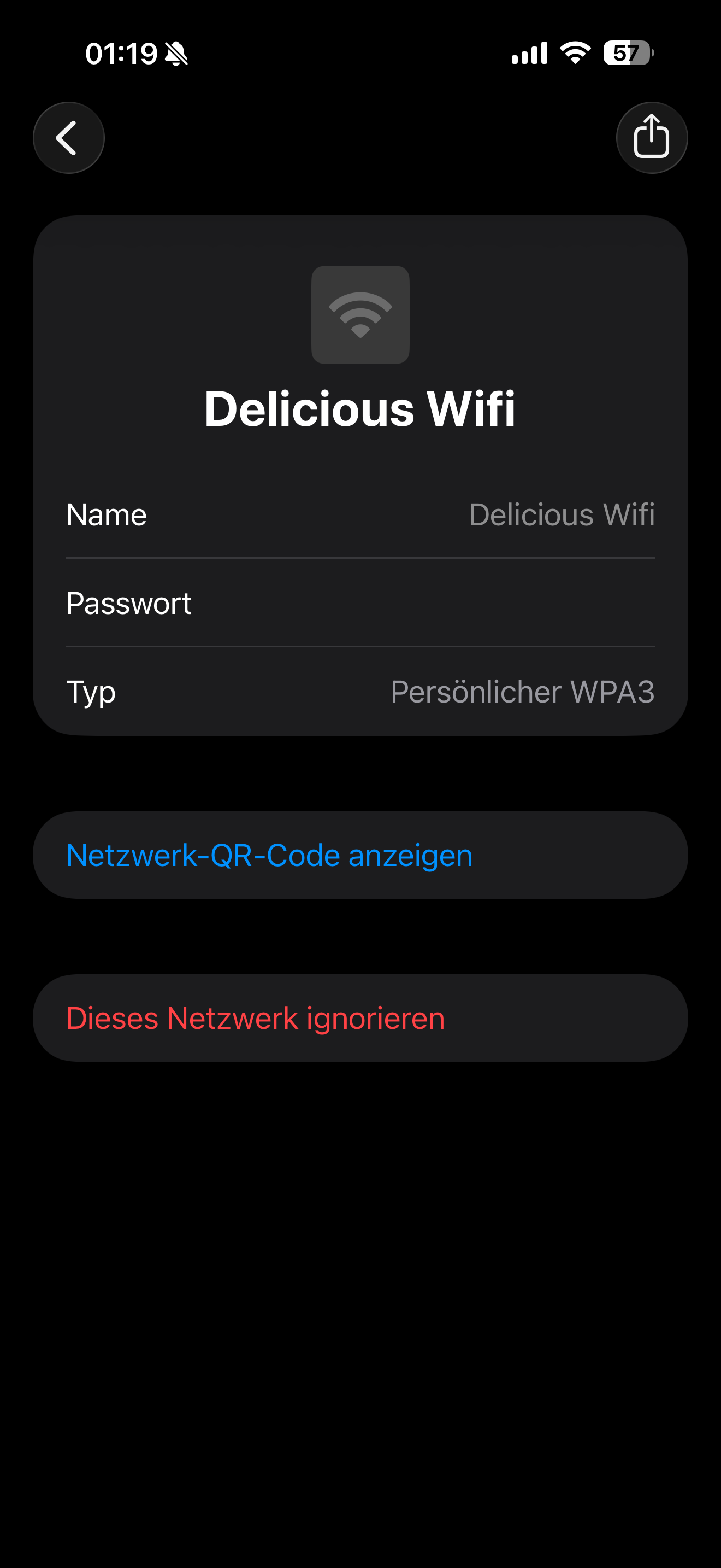 Netzwerk-Details mit QR-Code Button