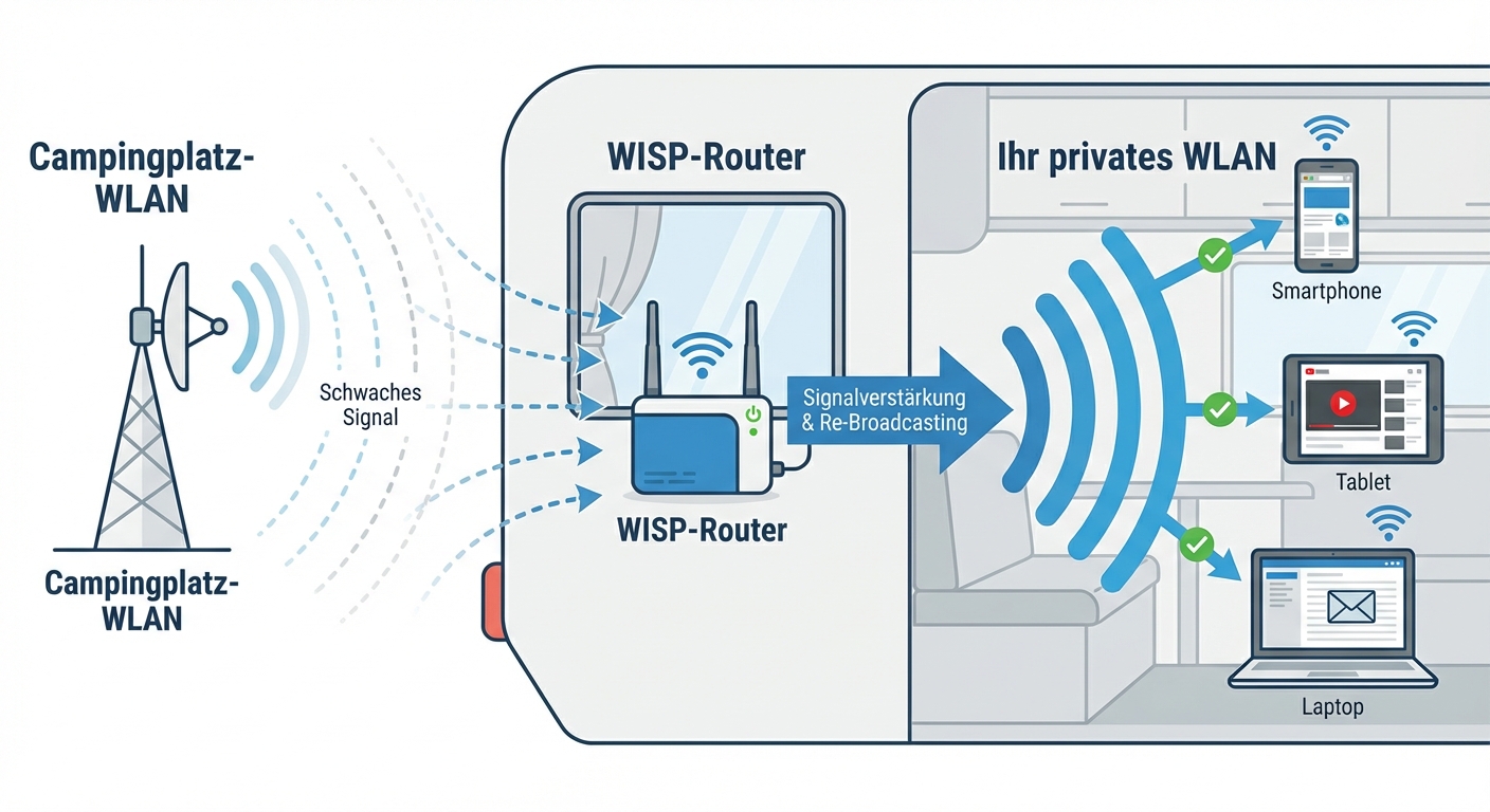 Infografik: So funktioniert ein WISP-Router auf dem Campingplatz – Campingplatz-WLAN wird vom Router empfangen und als eigenes privates WLAN im Wohnmobil bereitgestellt